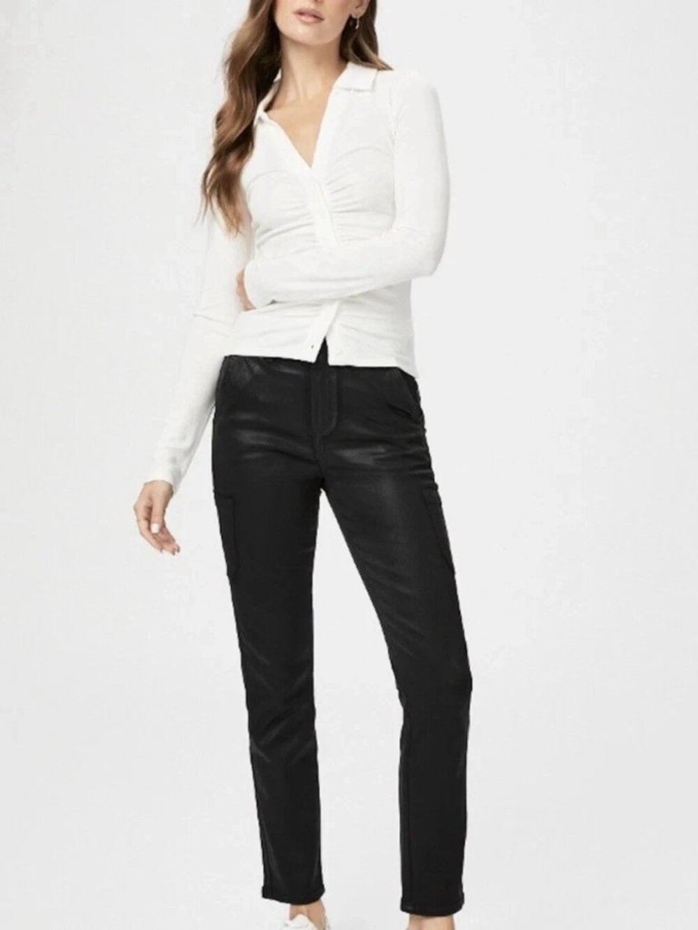 NWOT PAIGE JOLIE COATED Straight Cargo Pocket Jeans High Rise Stretchy Black 26